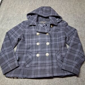 Giacca IGallery Wool Coat Women Large Blue Plaid With Removable Hood‎